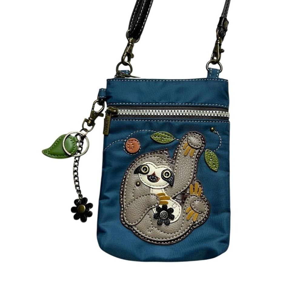 Chala Sloth Crossbody Cell Phone Purse Teal Blue Nylon Applique Bag